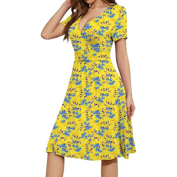 Women Blue Leaf Short Sleeve V-Neck Floral Stretchy Party Dress with Pockets - Picture 3 of 5